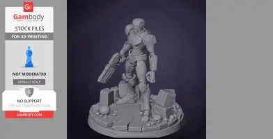 A robotic figure holding a weapon stands on a rocky base with skulls and debris.