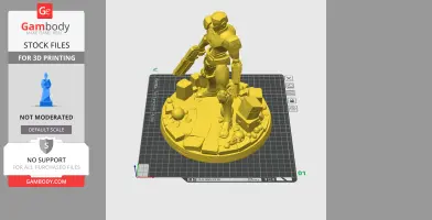 A robotic figure with a gun stands atop a detailed, rocky base, designed for 3D printing.