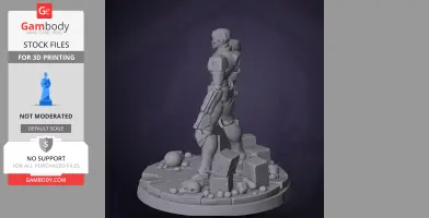 A robotic figure stands on a detailed base with skulls and debris, ready for 3D printing.