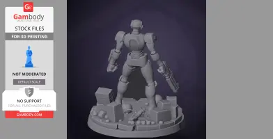 Futuristic robot character figure on a detailed rubble base, designed for 3D printing.