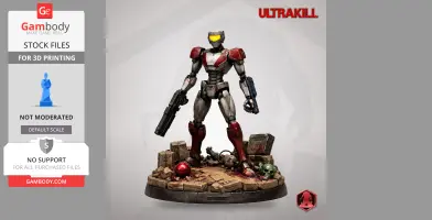 Robotic figure in armor with yellow visor, holding weapons, standing on a rugged base with debris.