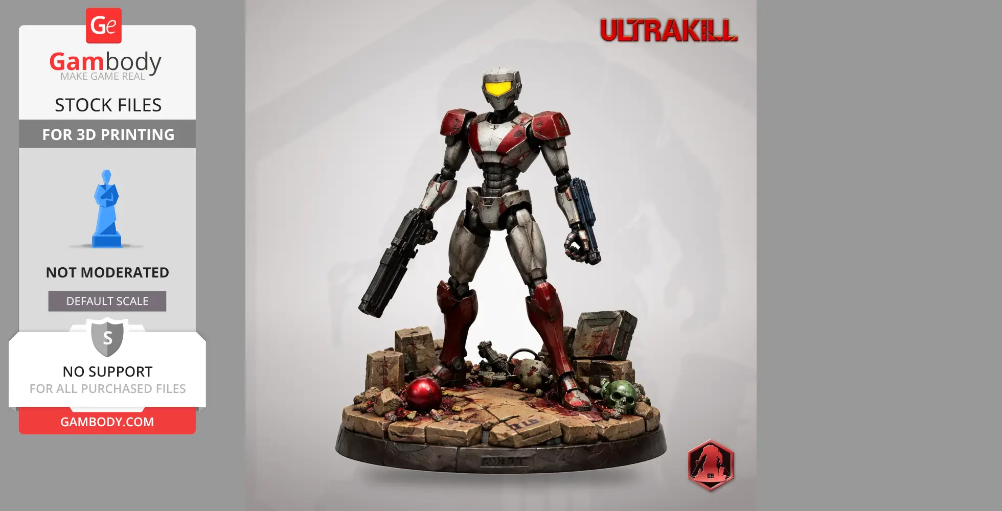 Robotic figure in armor with yellow visor, holding weapons, standing on a rugged base with debris.