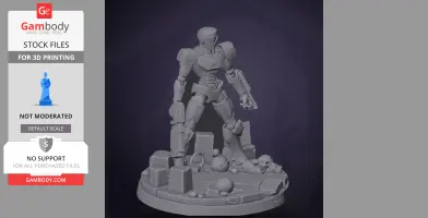 A robotic figure standing on rubble with skulls, designed for 3D printing.