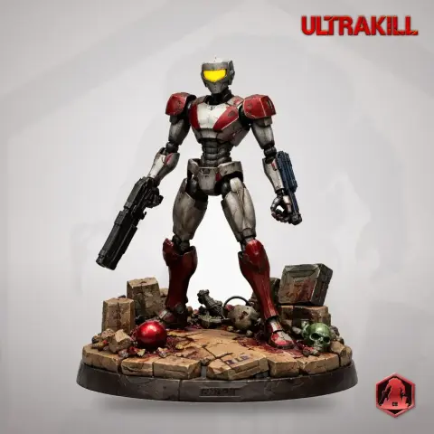 A robot-like figure with yellow visor and dual guns stands on a debris-strewn base, ready for battle.