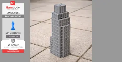 Gray 3D printed model of a tiered skyscraper with detailed windows.