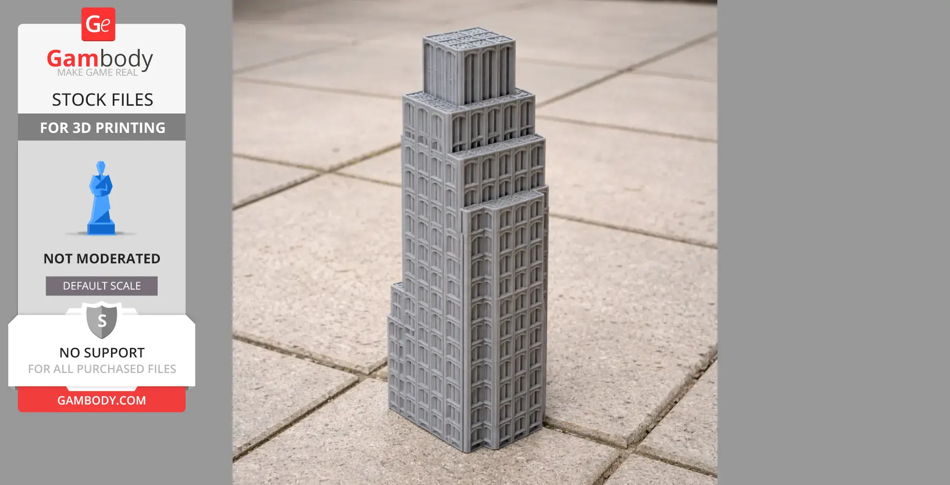 Gray 3D printed model of a tiered skyscraper with detailed windows.
