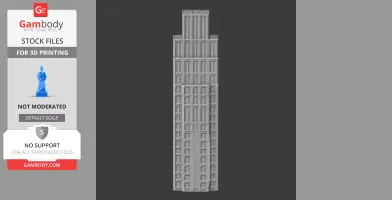 A 3D model of a tall, detailed skyscraper with multiple tiers and vertical window rows.