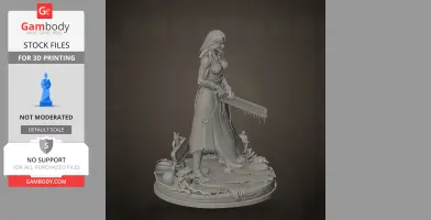 A detailed female figure with a long sword and flowing hair, standing on a textured base with various elements.