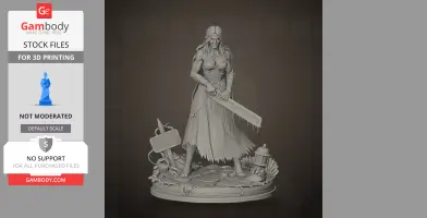 A detailed female character figure holding a large blade, standing on a textured base with various objects.