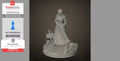 A detailed figure of a woman with a sword on a scenic base, surrounded by various objects.