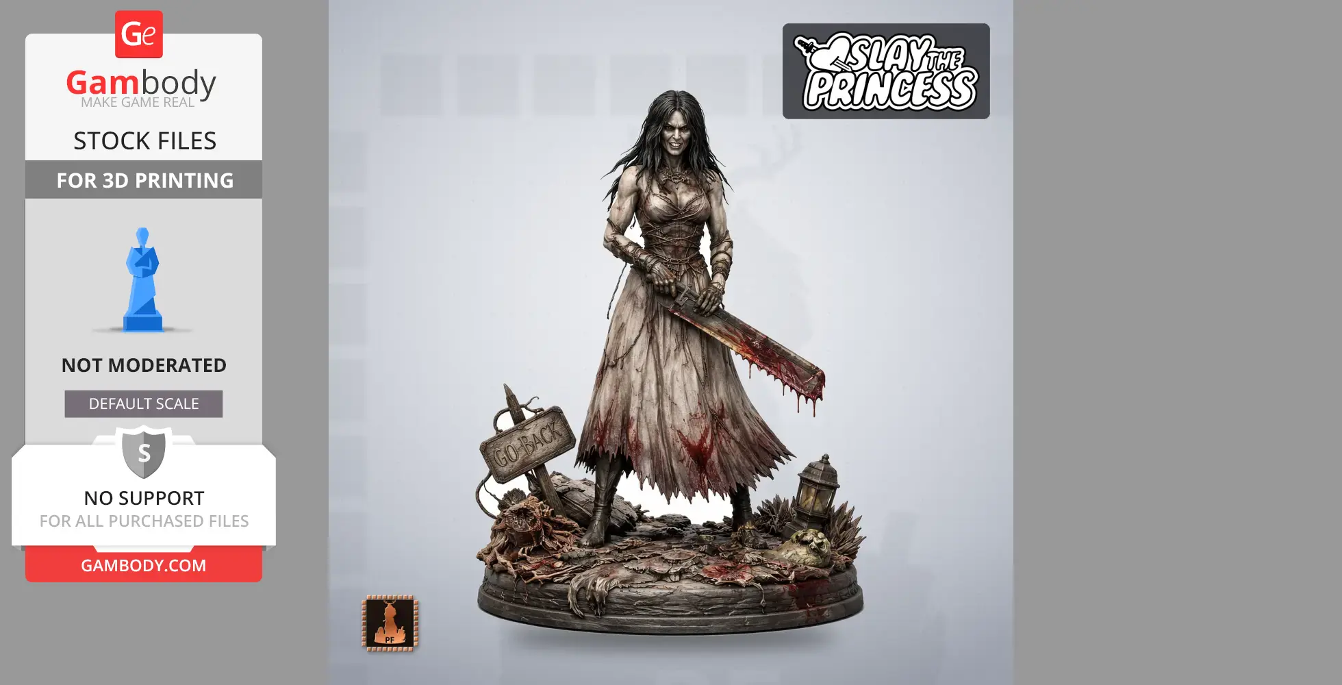 A sinister female figure holding a bloodied saw, standing on a detailed base with a 'GO BACK' sign.