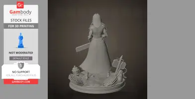 A figure with long hair, holding a large razor, stands on a detailed base with plants and a lantern.