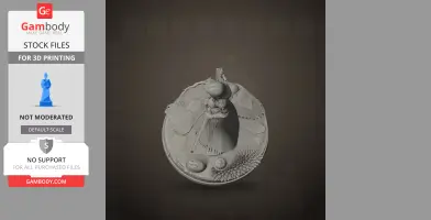A detailed 3D character figure with a sword on a textured circular base, featuring various objects.