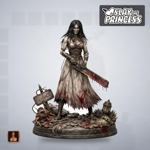 Fierce female figure with a bloody sword, tattered dress, standing on a grim base with skulls and a 'Go Back' sign.
