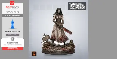 A sinister female figure holding a bloodied saw, standing on a detailed base with a 'GO BACK' sign.