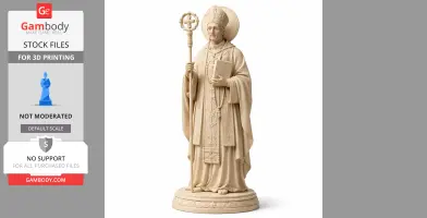 A detailed statue of a bishop holding a staff and book, wearing ornate robes and a mitre, on a round base.