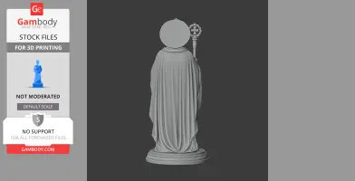 A draped figure holding a staff, standing on a round base, viewed from the back.