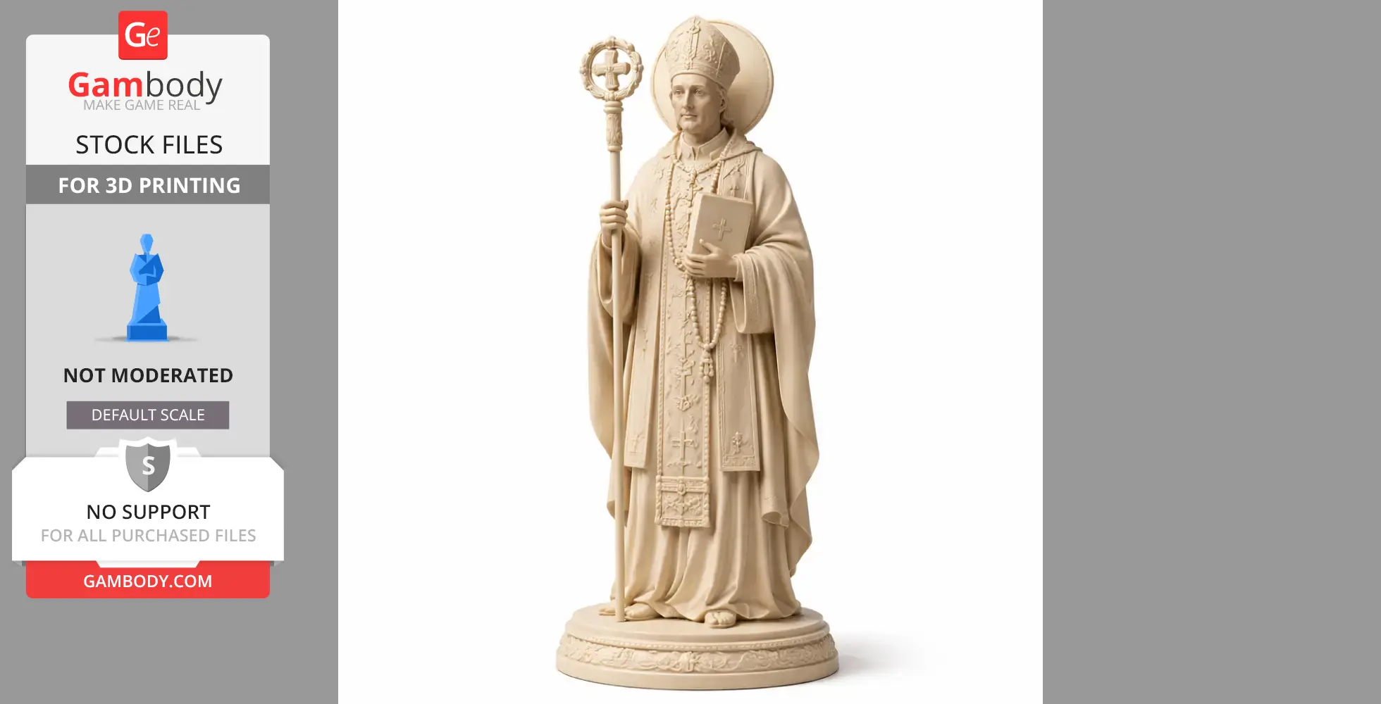 A detailed statue of a bishop holding a staff and book, wearing ornate robes and a mitre, on a round base.