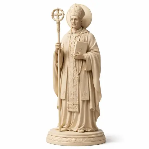 A 3D printable statue of a bishop holding a staff and book, wearing ornate robes and a miter.