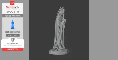 A detailed 3D model of a saint standing with a staff and book, wearing a cape and ceremonial hat.