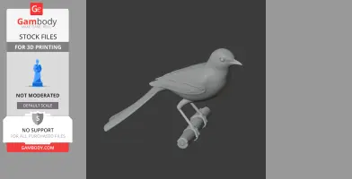 A 3D model of a bird perched on a branch, designed for 3D printing.