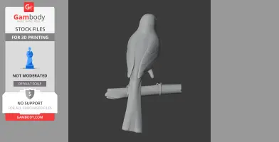 3D model of a bird perched on a branch, designed for 3D printing.