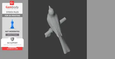 3D model of a bird perched on a branch, designed for 3D printing.