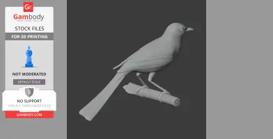 A detailed 3D model of a Bahia wagtail-tyrant bird perched on a branch for 3D printing.
