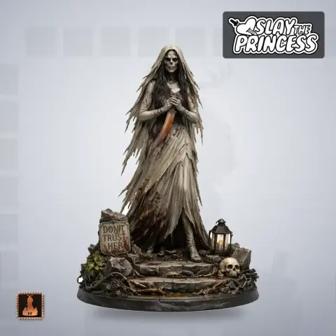 A ghostly figure with a tattered dress, holding a dagger, stands on a base with skulls and a 'Don't Trust Her' sign.