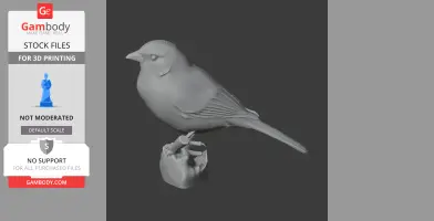 A 3D model of a bird perched on a branch, designed for 3D printing.