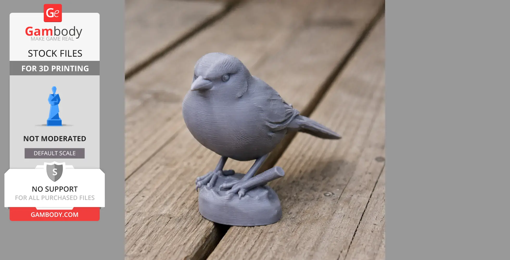3D printed model of a Baird's junco bird perched on a small base, shown on a wooden surface.