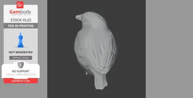 3D model of a perched sparrow, detailed feathers and beak, ready for 3D printing.