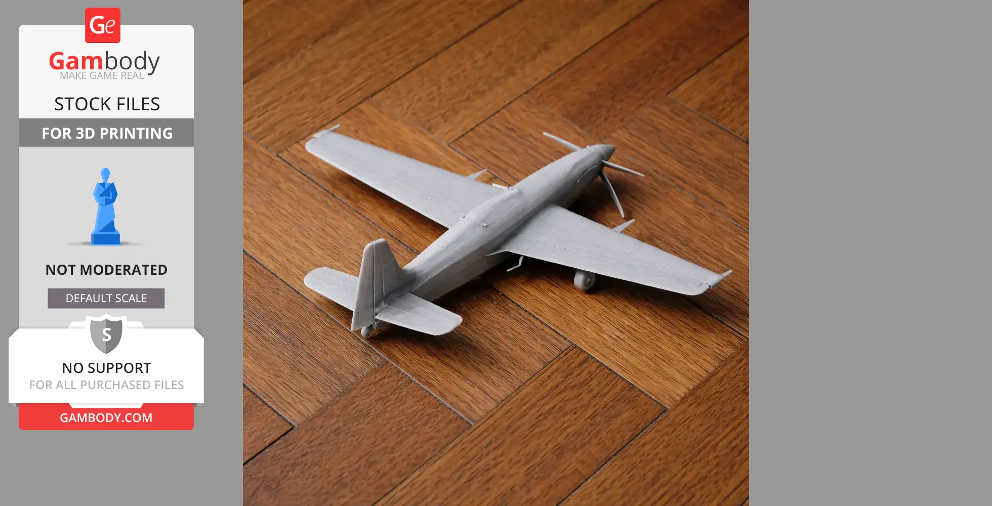 Gray 3D-printed model of a Corvus Racer 540 plane on wooden floor.