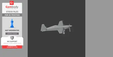 A 3D model of a detailed scale racing plane, viewed from the side, with landing gear and propeller visible.