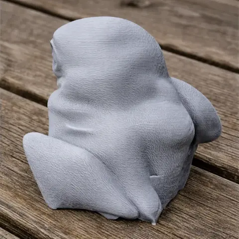 A smooth, abstract 3D printed model resembling a Baja pygmy owl, placed on a wooden surface.
