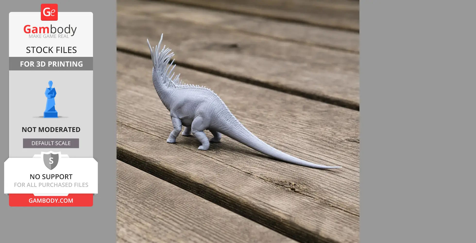 3D-printed Bajadasaurus model with distinctive neck spines, displayed on a wooden surface.