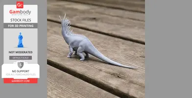 3D-printed Bajadasaurus model with distinctive neck spines, displayed on a wooden surface.