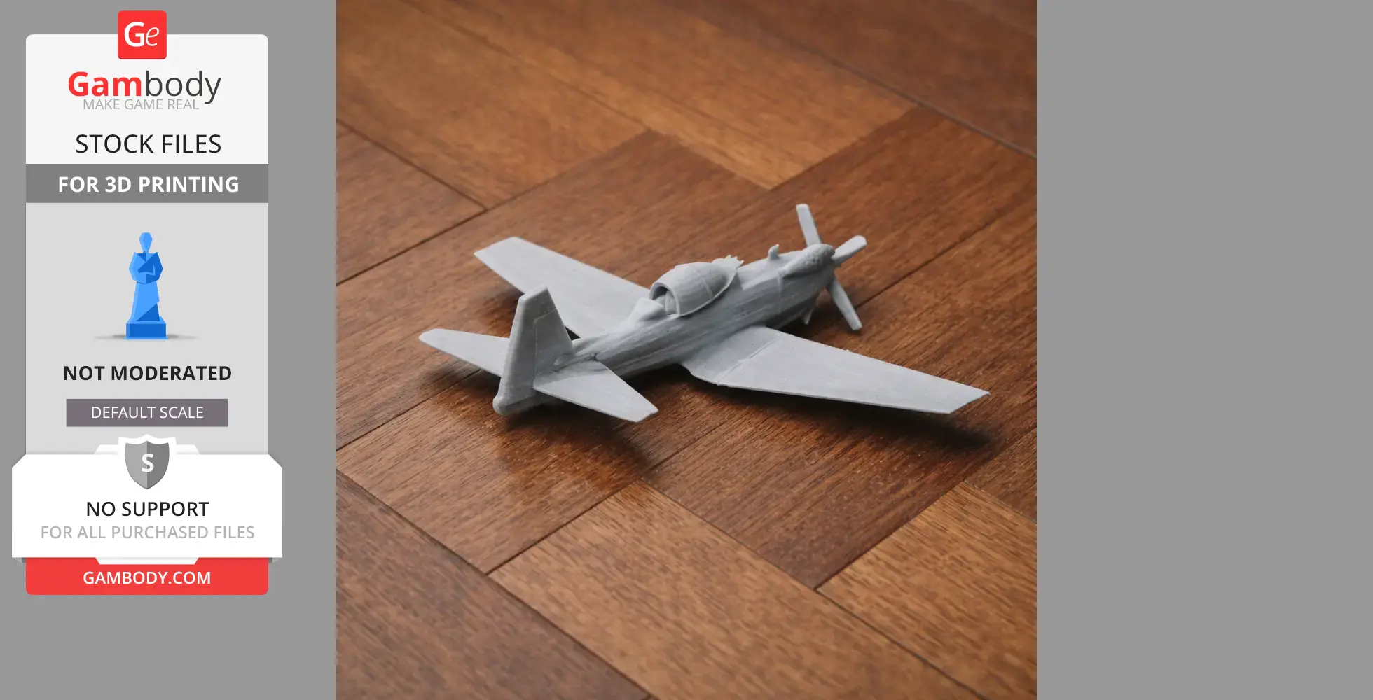 A 3D-printed model of a vintage aircraft with detailed wings and propeller on a wooden surface.