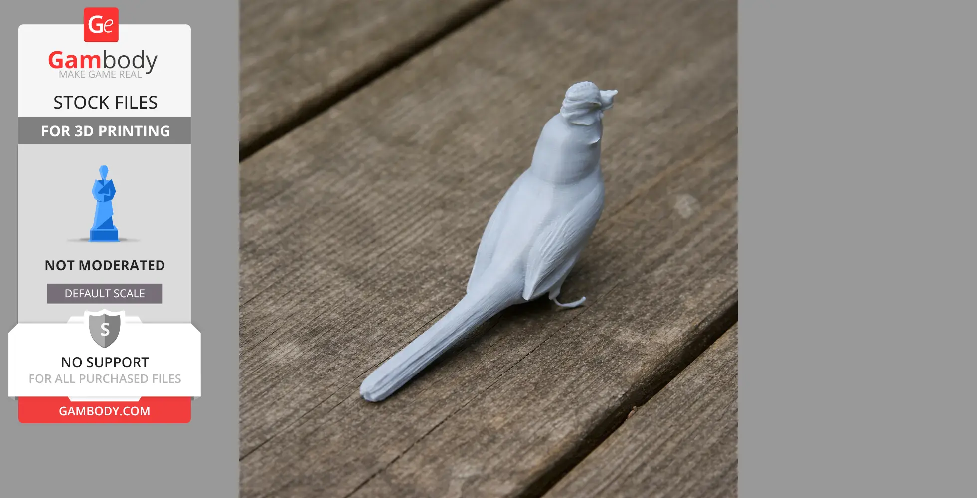 A 3D printed model of a bird, resembling a Balearic warbler, on a wooden surface.