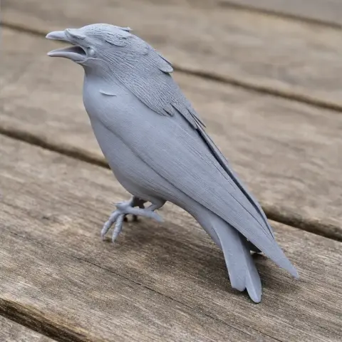 A 3D printed model of a Bali myna bird with detailed plumage, standing on wooden planks.