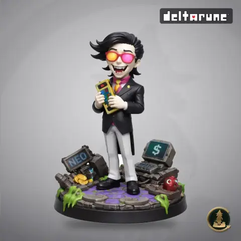 Stylized character with sleek hair, pink glasses, in a suit, on a tech-themed base with retro electronics.