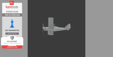 A 3D model of a vintage, single-engine biplane for 3D printing, grey with detailed wings and propeller.