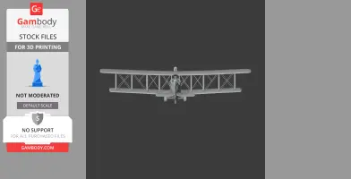 Front view of a scale model biplane for 3D printing, displayed against a dark background.