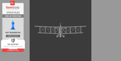 Front view of a biplane 3D model for printing, showing wings and landing gear details.
