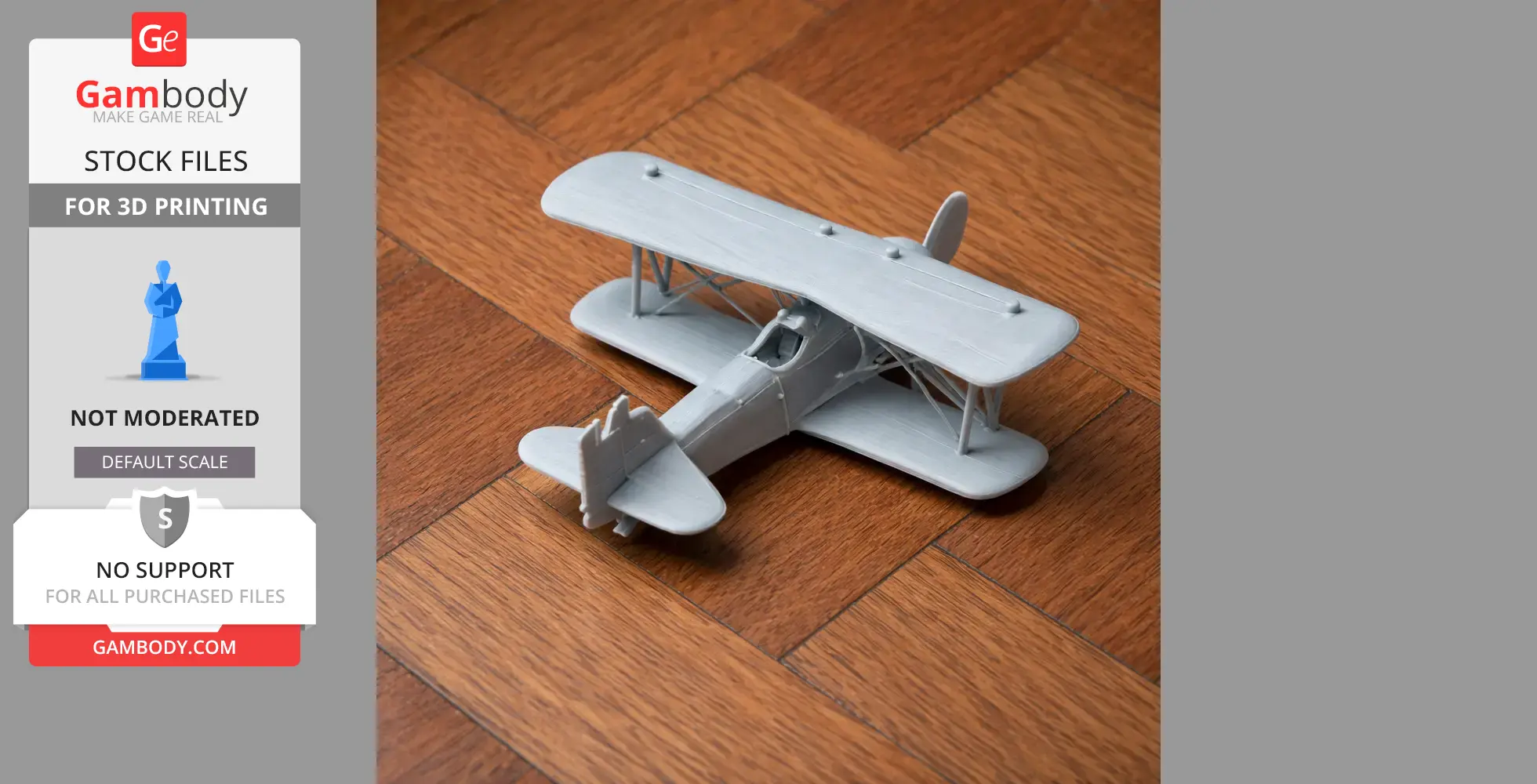 3D printed model of a Curtiss F7C Seahawk biplane on a wooden surface.