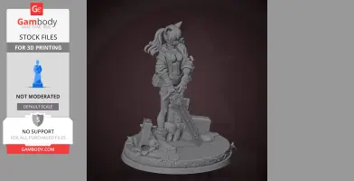 3D model of a female character with animal ears, holding a large weapon, standing on a decorated base.