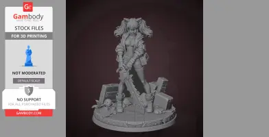 A female figure in a dynamic pose, holding a chainsaw-like weapon, standing on a detailed base with debris.