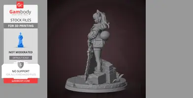 3D model of a female character with a ponytail, holding a weapon, standing on a detailed base.