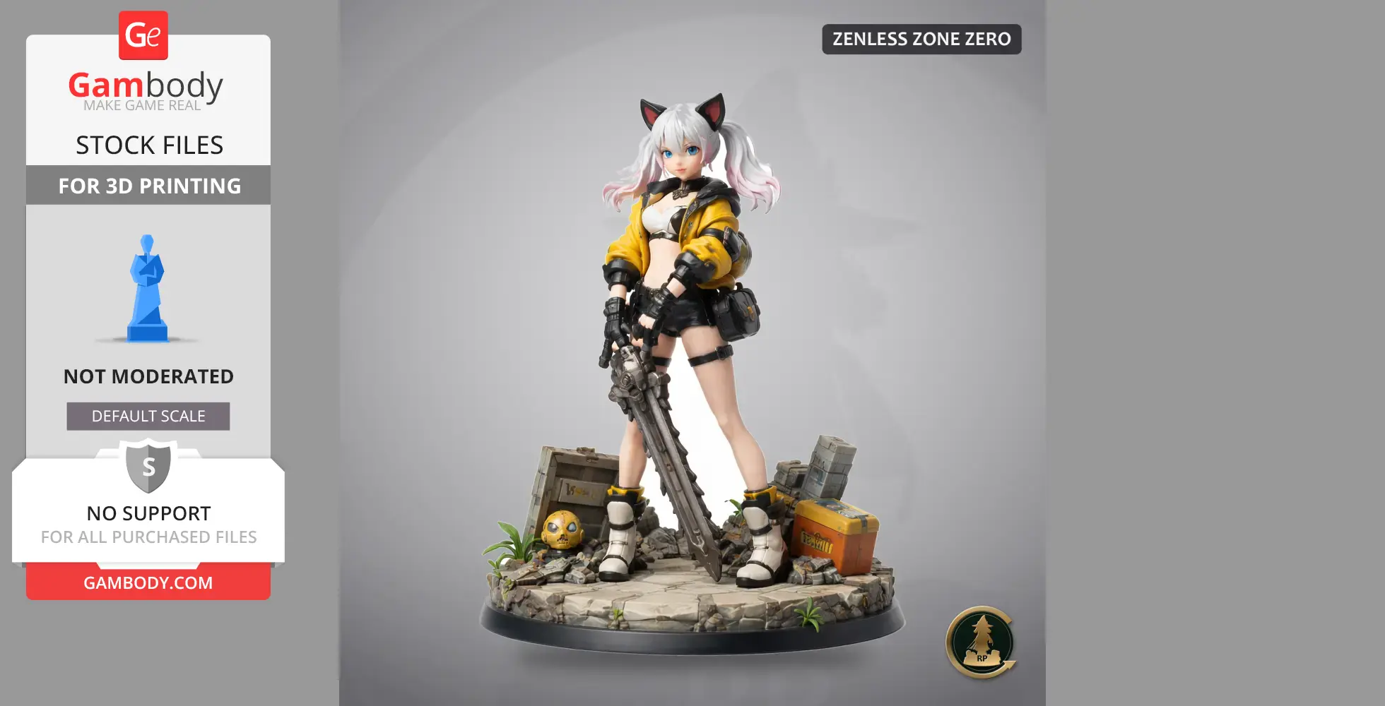 Anime-style character with cat ears, holding a weapon, stands on a detailed rubble base with crates.