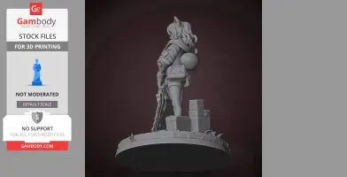3D model of a female character with feline ears, holding a weapon, standing on a base with boxes.